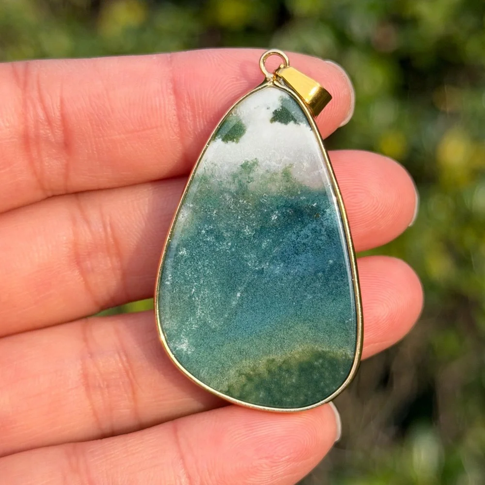 Gold plated stainless steel natural moss agate pendant‎ 1023